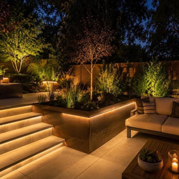 Front elevation of a home with warm permanent roofline lights